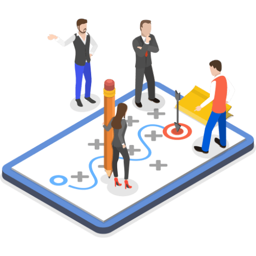 Ilustração isométrica de equipe planejando estratégia em um smartphone, com rota marcada e alvo.