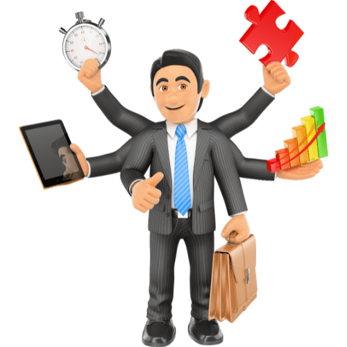 Ilustração 3D de executivo multitarefas com vários braços segurando cronômetro, peça de quebra-cabeça, gráfico de crescimento, tablet e pasta.