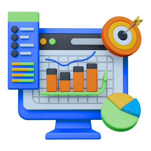 Ilustração 3D de dashboard em monitor com gráfico de barras, linhas e pizza, além de alvo com dardo, representando métricas e performance.